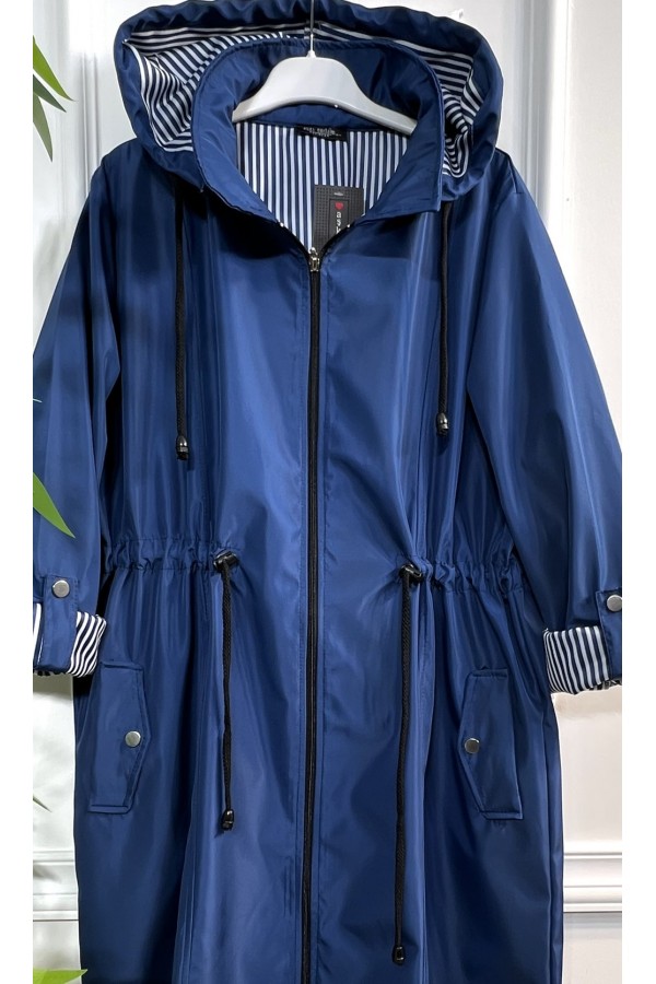 Rüya Çıkarılabilir Kapşonlu İçi Çizgili Ara Boy Trenç - Mavi