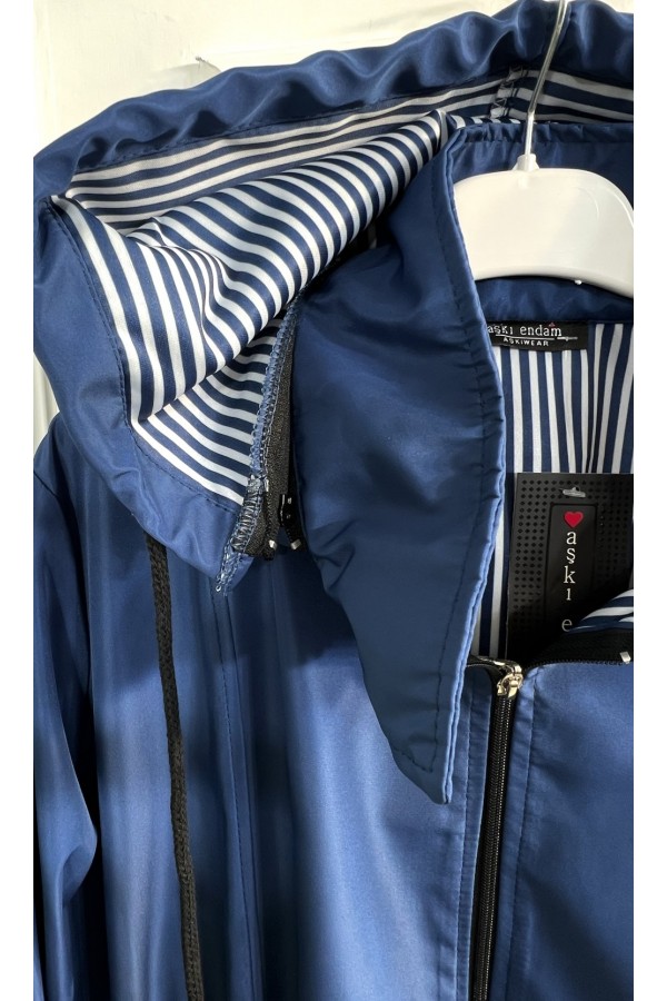 Rüya Çıkarılabilir Kapşonlu İçi Çizgili Ara Boy Trenç - Mavi