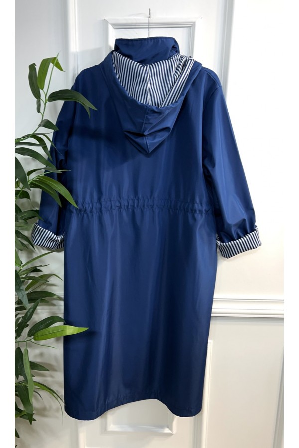 Rüya Çıkarılabilir Kapşonlu İçi Çizgili Ara Boy Trenç - Mavi