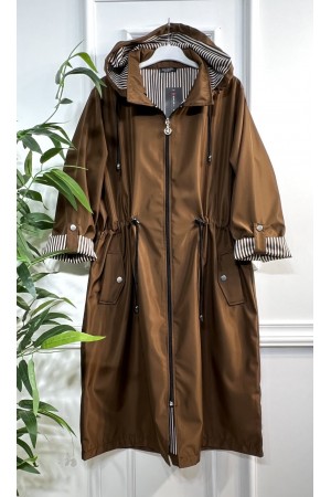 Rüya Çıkarılabilir Kapşonlu İçi Çizgili Ara Boy Trenç - Kahverengi