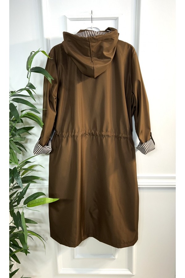 Rüya Çıkarılabilir Kapşonlu İçi Çizgili Ara Boy Trenç - Kahverengi