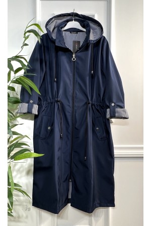 Rüya Çıkarılabilir Kapşonlu İçi Çizgili Ara Boy Trenç - Lacivert