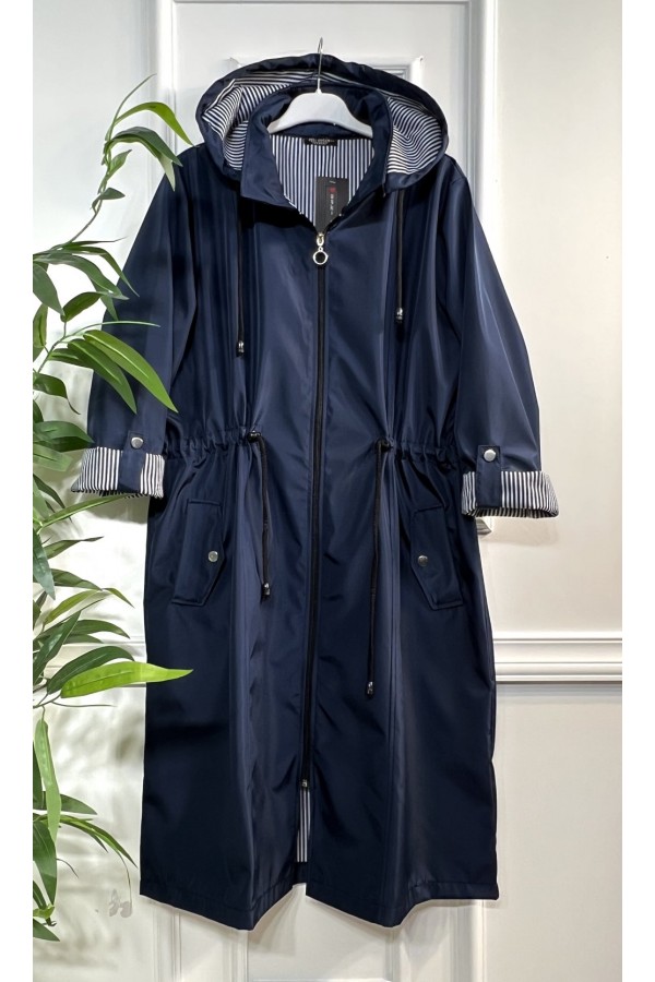 Rüya Çıkarılabilir Kapşonlu İçi Çizgili Ara Boy Trenç - Lacivert