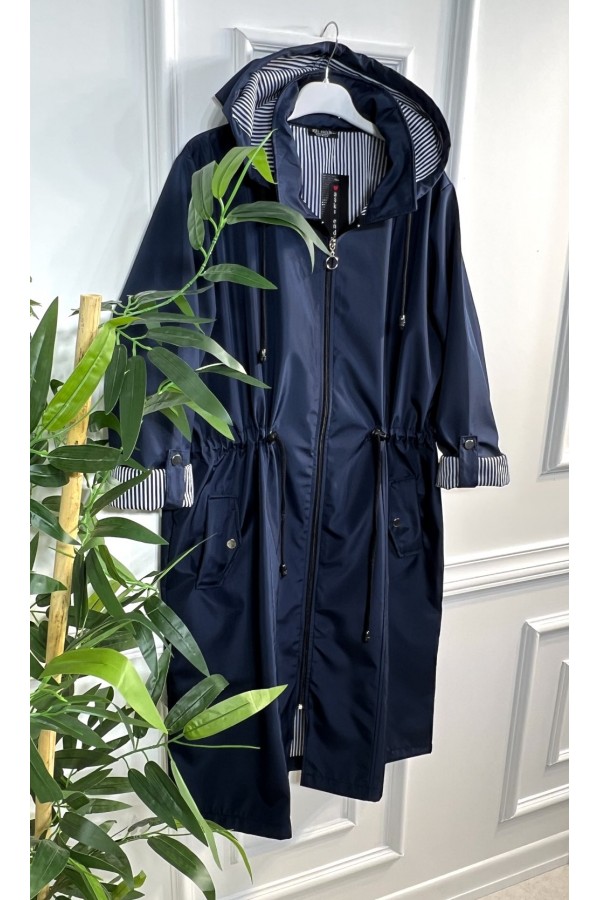 Rüya Çıkarılabilir Kapşonlu İçi Çizgili Ara Boy Trenç - Lacivert