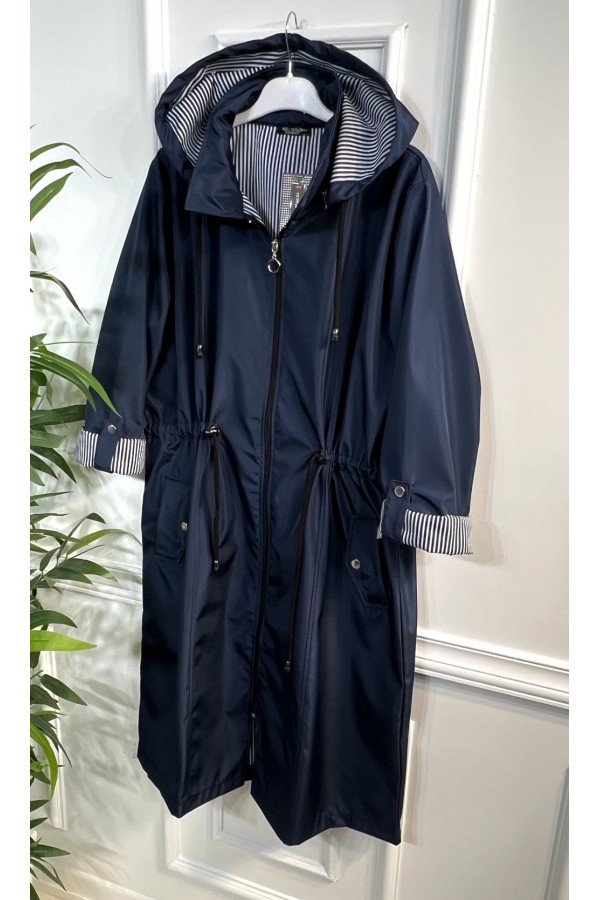 Rüya Çıkarılabilir Kapşonlu İçi Çizgili Ara Boy Trenç - Lacivert