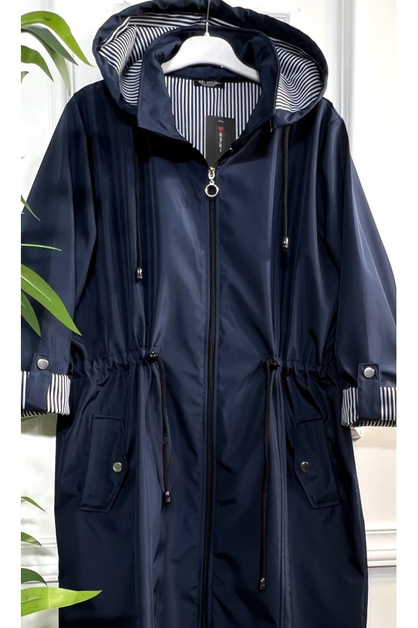 Rüya Çıkarılabilir Kapşonlu İçi Çizgili Ara Boy Trenç - Lacivert