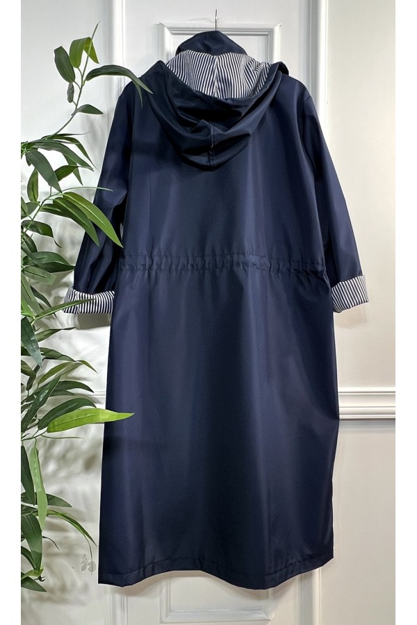 Rüya Çıkarılabilir Kapşonlu İçi Çizgili Ara Boy Trenç - Lacivert