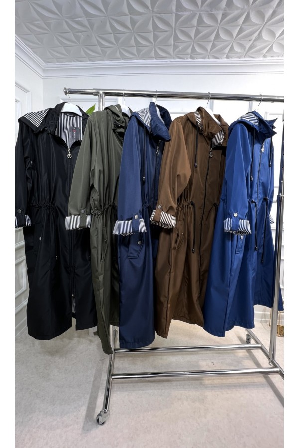 Rüya Çıkarılabilir Kapşonlu İçi Çizgili Ara Boy Trenç - Lacivert