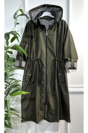 Rüya Çıkarılabilir Kapşonlu İçi Çizgili Ara Boy Trenç - Haki