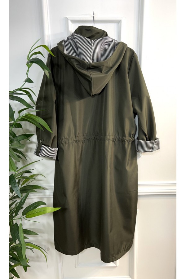 Rüya Çıkarılabilir Kapşonlu İçi Çizgili Ara Boy Trenç - Haki