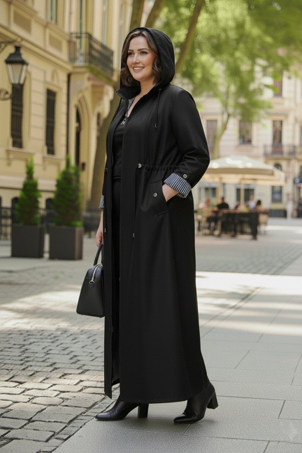 Ateş Çıkarılabilir Kapşonlu İçi Çizgili Tam Boy Trenç - Siyah