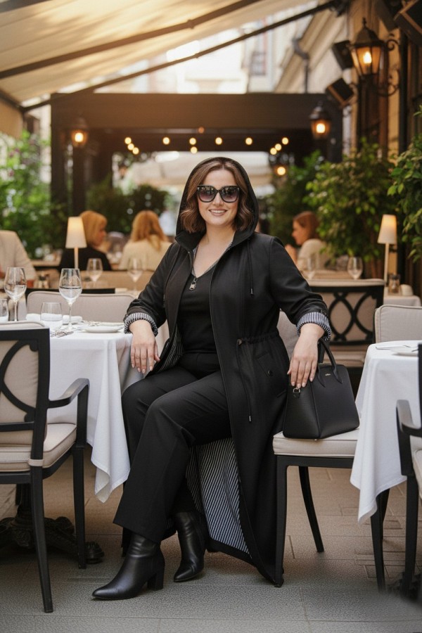 Ateş Çıkarılabilir Kapşonlu İçi Çizgili Tam Boy Trenç - Siyah