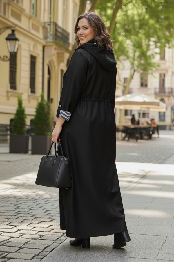 Ateş Çıkarılabilir Kapşonlu İçi Çizgili Tam Boy Trenç - Siyah