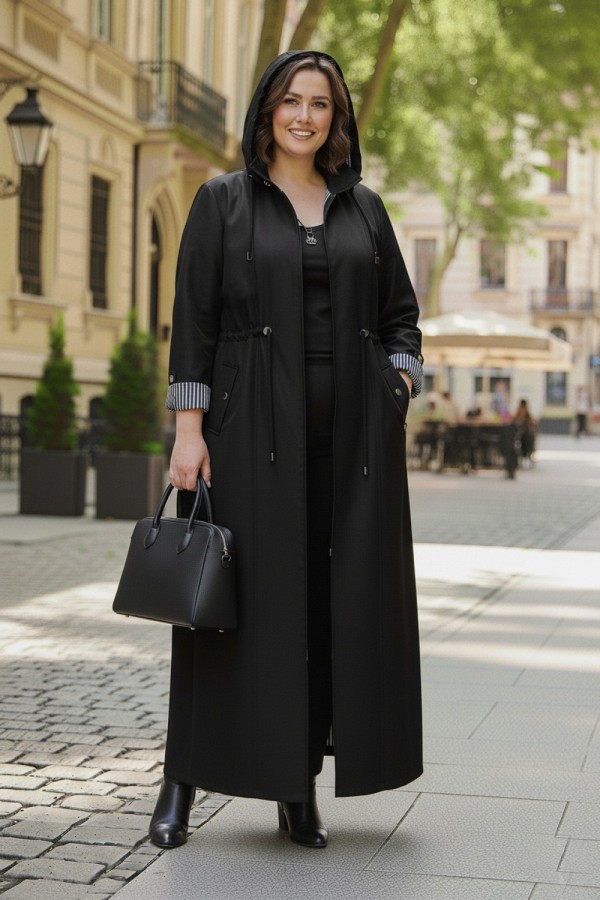 Ateş Çıkarılabilir Kapşonlu İçi Çizgili Tam Boy Trenç - Siyah