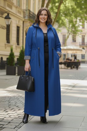 Ateş Çıkarılabilir Kapşonlu İçi Çizgili Tam Boy Trenç - Mavi