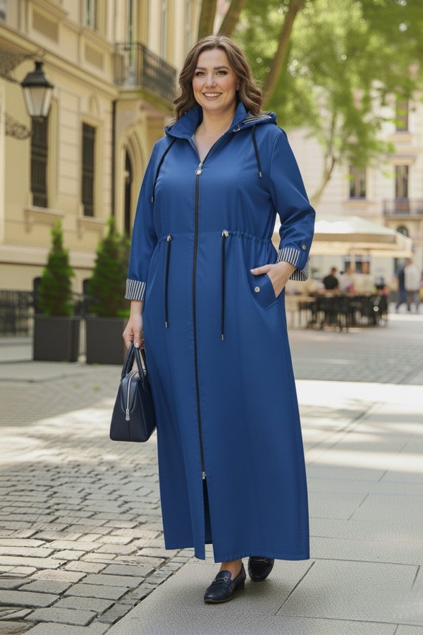 Ateş Çıkarılabilir Kapşonlu İçi Çizgili Tam Boy Trenç - Mavi