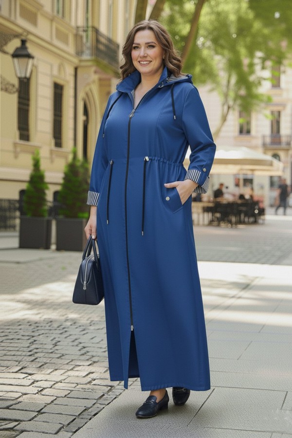 Ateş Çıkarılabilir Kapşonlu İçi Çizgili Tam Boy Trenç - Mavi