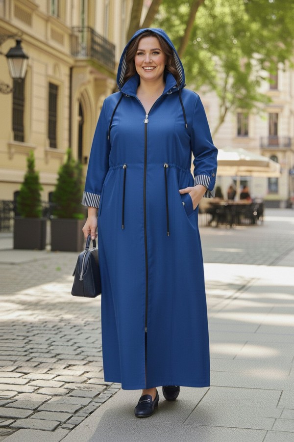 Ateş Çıkarılabilir Kapşonlu İçi Çizgili Tam Boy Trenç - Mavi