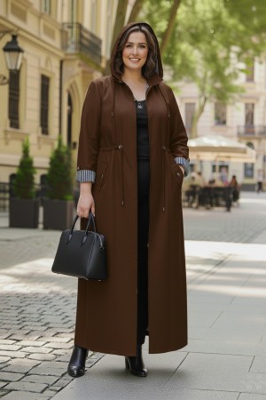 Ateş Çıkarılabilir Kapşonlu İçi Çizgili Tam Boy Trenç - Kahverengi