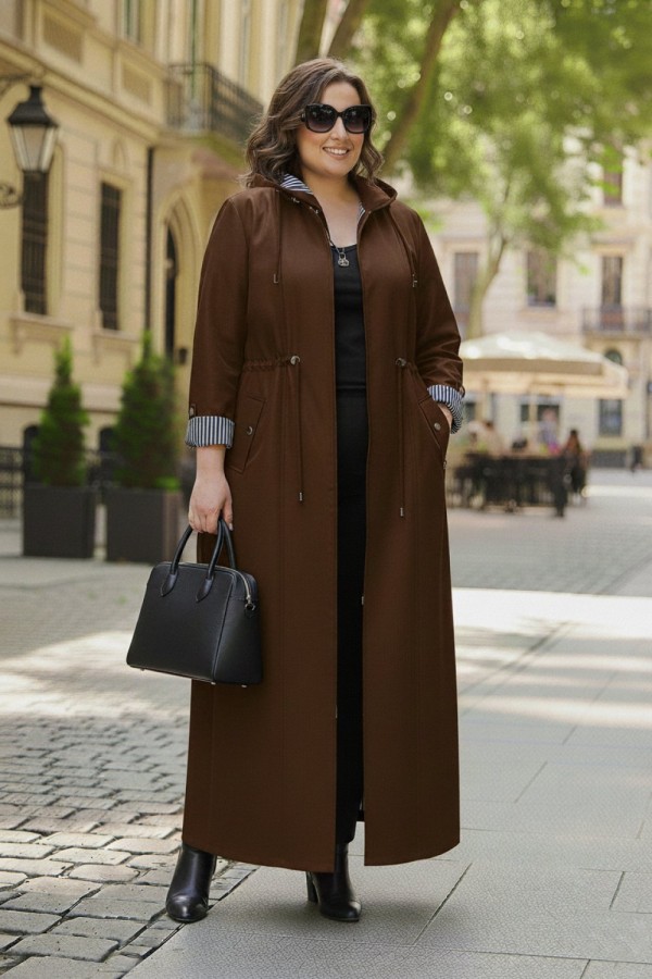 Ateş Çıkarılabilir Kapşonlu İçi Çizgili Tam Boy Trenç - Kahverengi