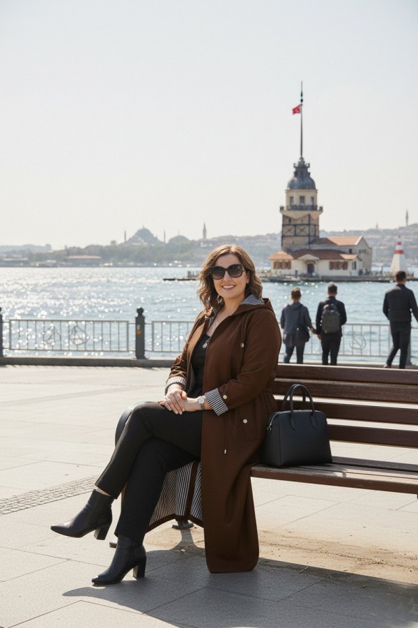 Ateş Çıkarılabilir Kapşonlu İçi Çizgili Tam Boy Trenç - Kahverengi