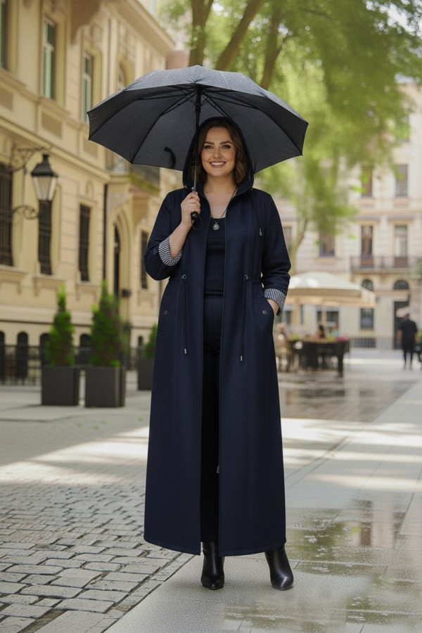 Ateş Çıkarılabilir Kapşonlu İçi Çizgili Tam Boy Trenç - Lacivert 