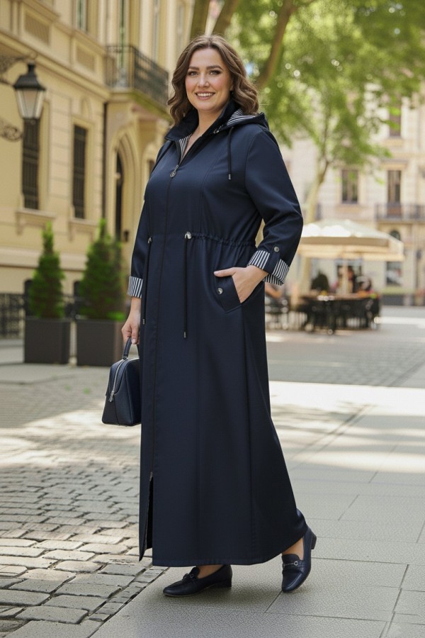 Ateş Çıkarılabilir Kapşonlu İçi Çizgili Tam Boy Trenç - Lacivert 