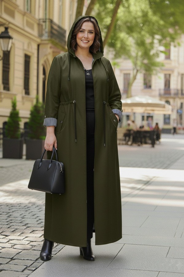 Ateş Çıkarılabilir Kapşonlu İçi Çizgili Tam Boy Trenç - Haki