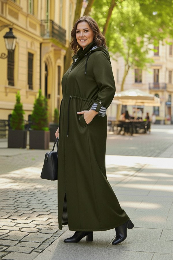 Ateş Çıkarılabilir Kapşonlu İçi Çizgili Tam Boy Trenç - Haki