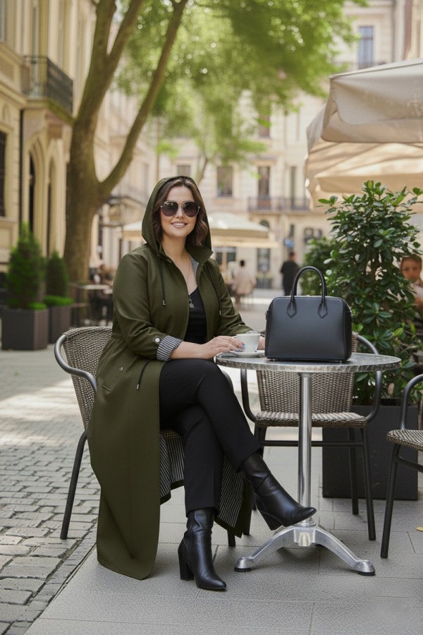 Ateş Çıkarılabilir Kapşonlu İçi Çizgili Tam Boy Trenç - Haki