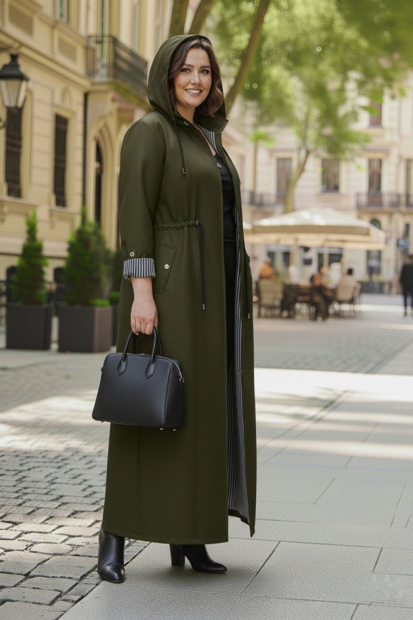 Ateş Çıkarılabilir Kapşonlu İçi Çizgili Tam Boy Trenç - Haki