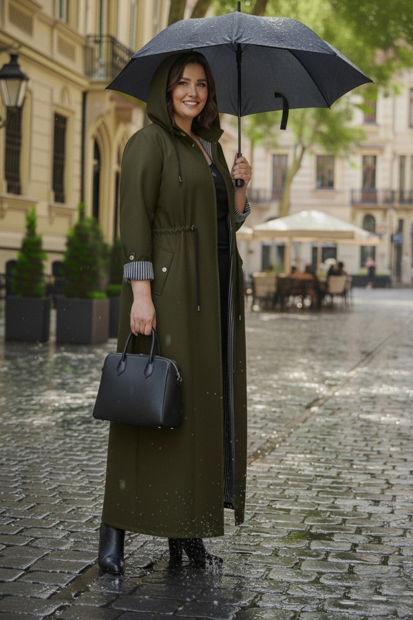 Ateş Çıkarılabilir Kapşonlu İçi Çizgili Tam Boy Trenç - Haki