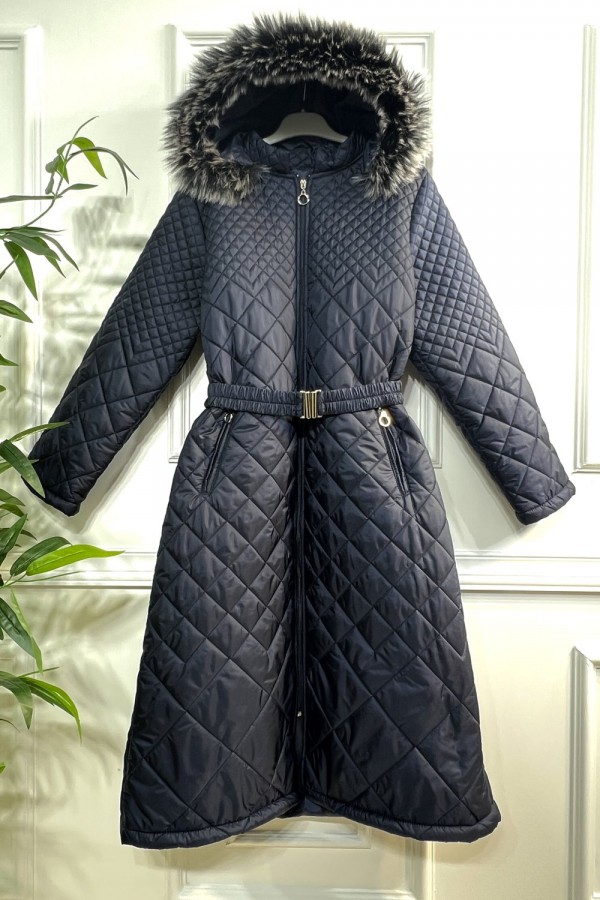 İkra Kapşonlu Üç Boyut Kapitone Kaban- Lacivert