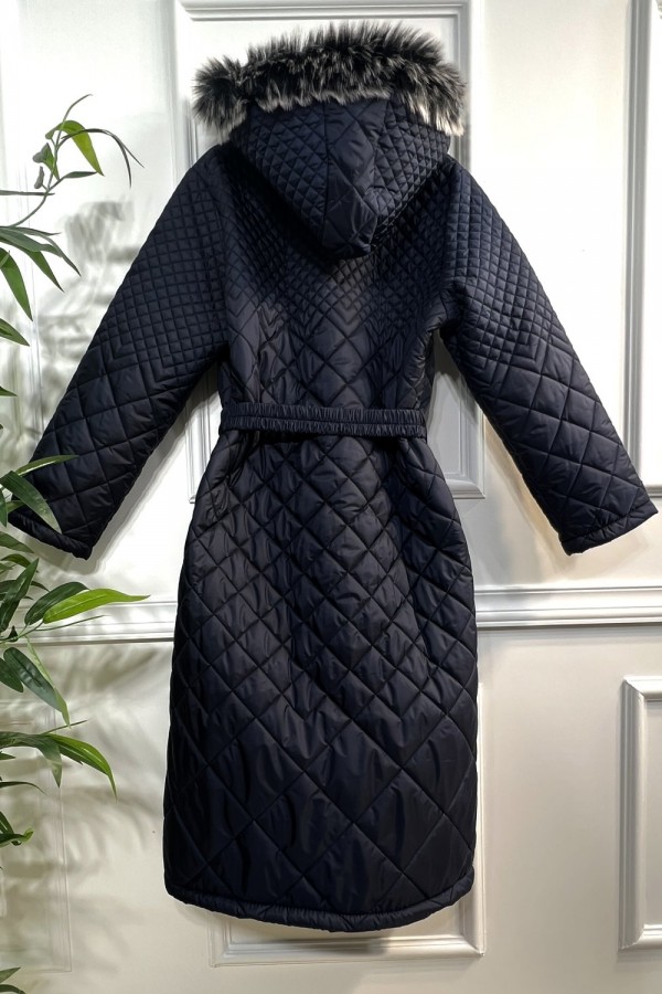 İkra Kapşonlu Üç Boyut Kapitone Kaban- Lacivert