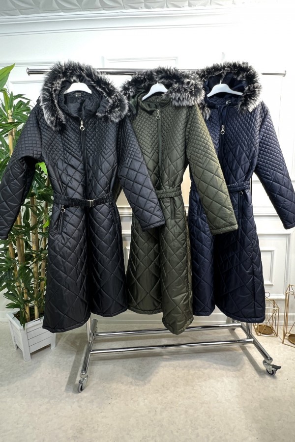 İkra Kapşonlu Üç Boyut Kapitone Kaban- Lacivert