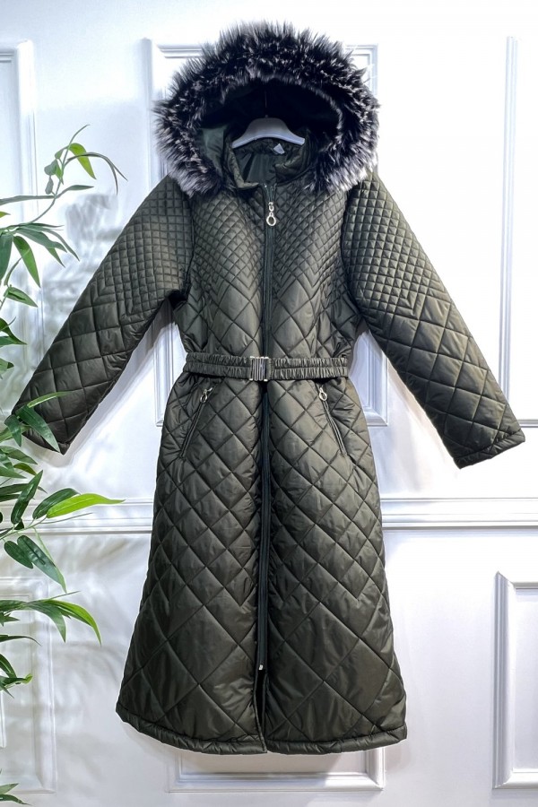 İkra Kapşonlu Üç Boyut Kapitone Kaban- Haki