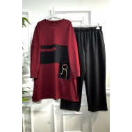 Boncuk Cep Detaylı İkili Penye Takım - Bordo Boncuk Cep Detaylı İkili Penye Takım - Bordo