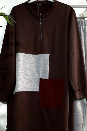 Umay Fermuarlı Cep Detaylı İki İplik İkili Penye Takım - Kahve Umay Fermuarlı Cep Detaylı İki İplik İkili Penye Takım - Kahve