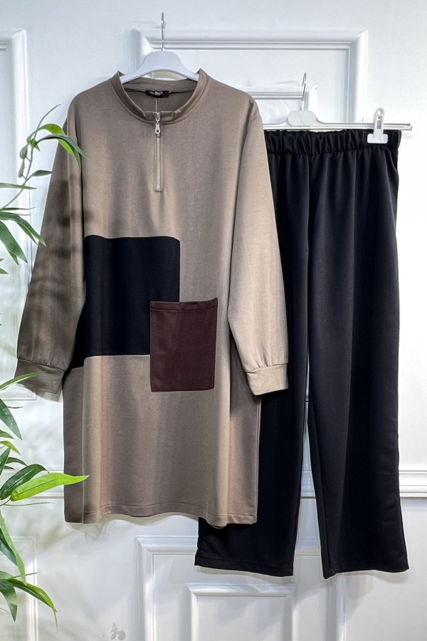 Umay Fermuarlı Cep Detaylı İki İplik İkili Penye Takım - Vizon Umay Fermuarlı Cep Detaylı İki İplik İkili Penye Takım - Vizon