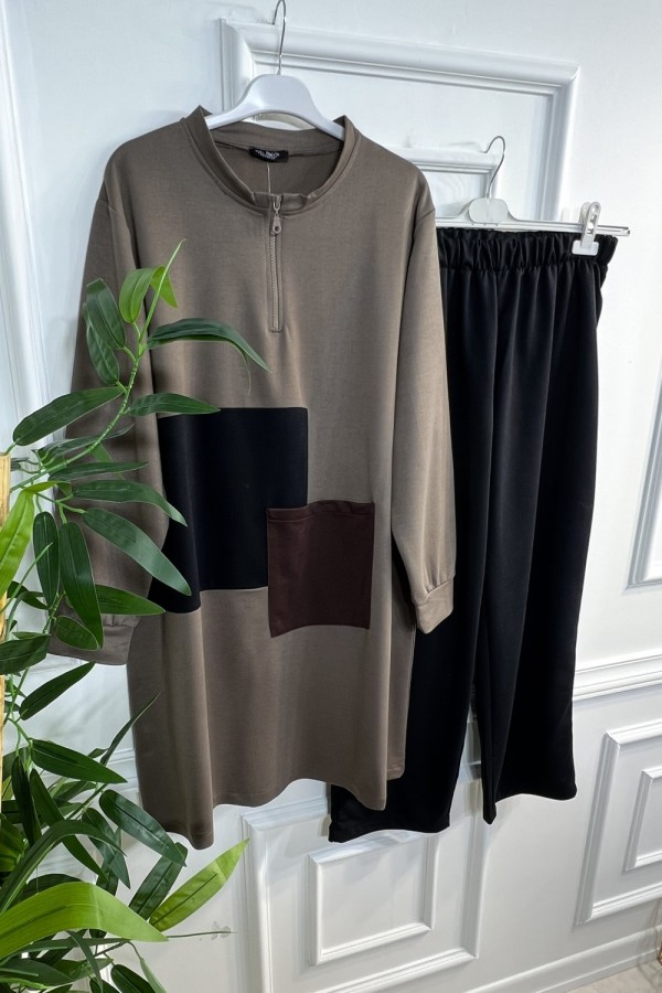 Umay Fermuarlı Cep Detaylı İki İplik İkili Penye Takım - Vizon Umay Fermuarlı Cep Detaylı İki İplik İkili Penye Takım - Vizon