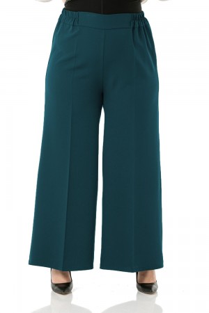 Mayra  Yan Cepli Dabıl Krep Bol Paça Pantolon - Petrol 