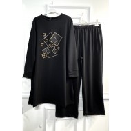 Yasmin Deri Detaylı Kare Taşlı İki İplik Penye İkili Takım - Siyah 