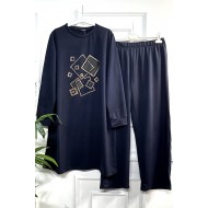 Yasmin Deri Detaylı Kare Taşlı İki İplik Penye İkili Takım - Lacivert Yasmin Deri Detaylı Kare Taşlı İki İplik Penye İkili Takım - Lacivert