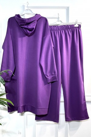 Öykü Kapşonlu Düğme Detaylı İki İplik Penye Takım - Mor Öykü Kapşonlu Düğme Detaylı İki İplik Penye Takım - Mor