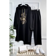 Gold Kapşonlu Taş Detaylı Penye Takım - Siyah 