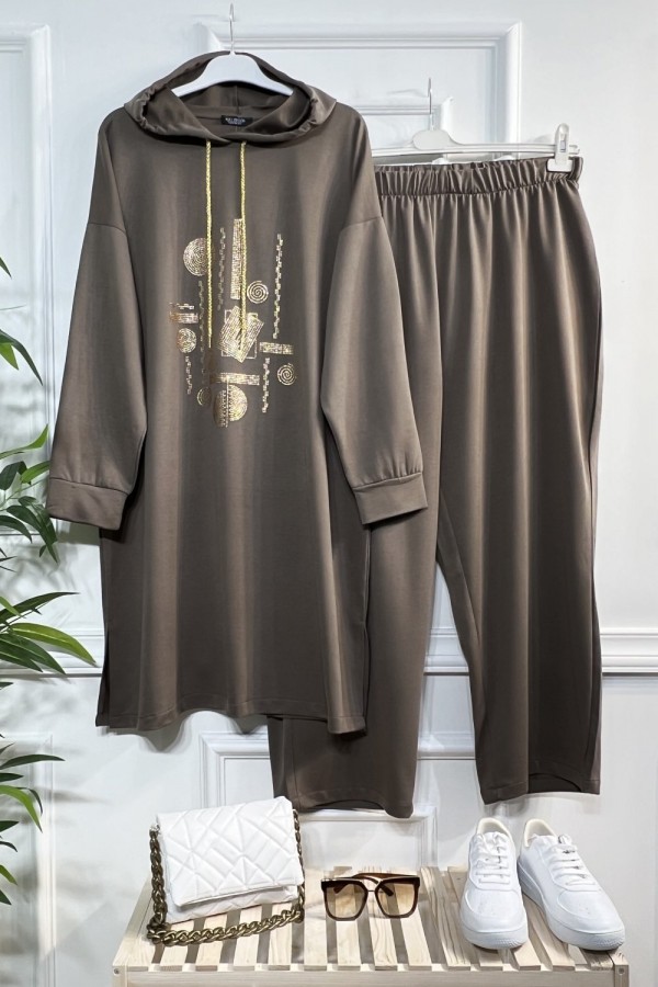 Gold Kapşonlu Taş Detaylı Penye Takım - Vizon Gold Kapşonlu Taş Detaylı Penye Takım - Vizon