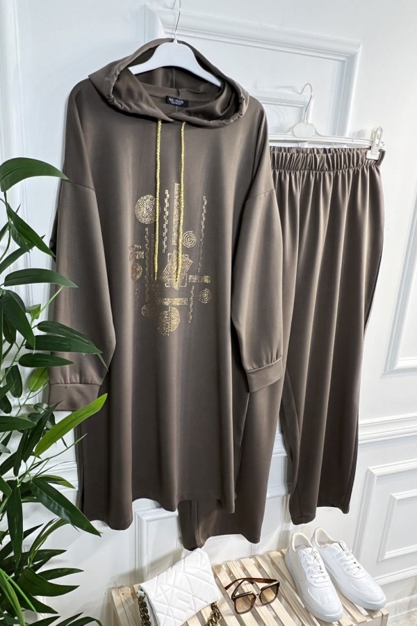 Gold Kapşonlu Taş Detaylı Penye Takım - Vizon Gold Kapşonlu Taş Detaylı Penye Takım - Vizon