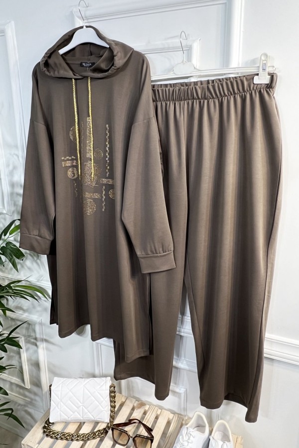 Gold Kapşonlu Taş Detaylı Penye Takım - Vizon Gold Kapşonlu Taş Detaylı Penye Takım - Vizon