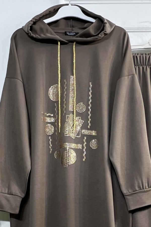 Gold Kapşonlu Taş Detaylı Penye Takım - Vizon Gold Kapşonlu Taş Detaylı Penye Takım - Vizon