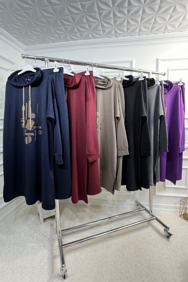 Gold Kapşonlu Taş Detaylı Penye Takım - Vizon Gold Kapşonlu Taş Detaylı Penye Takım - Vizon